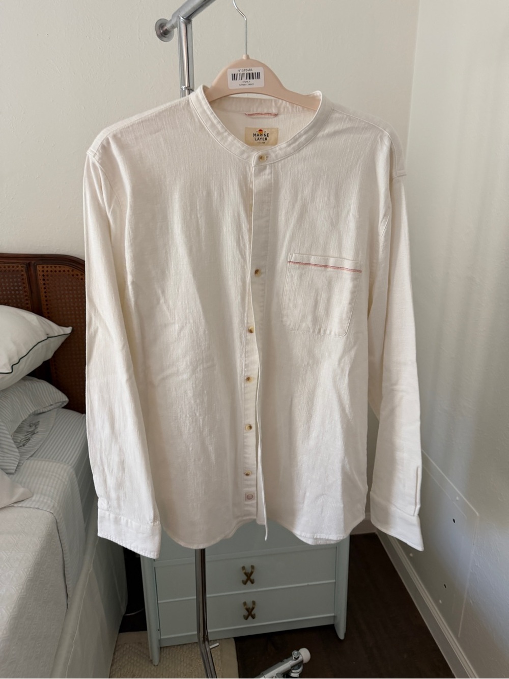 Marine Layer Men's Cream Button-Up Band Collar Shirt